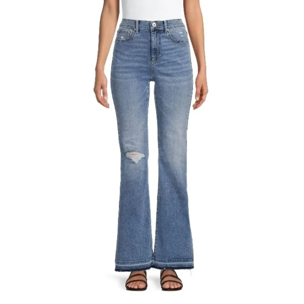 Women's Juniors High-High-Rise Flare Leg Raw Hem Denim Jeans Pants  Size 7
